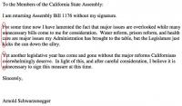 Письмо Арнольда Шварцнегера законодательному собранию Калифорнии
