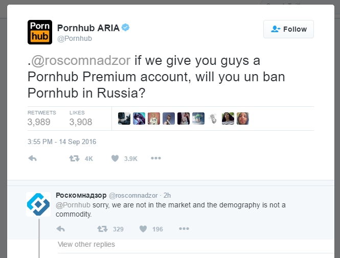 Переписка Pornhub и Роскомнадзора в Твиттере, скриншот